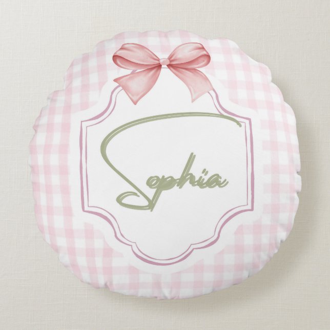 Sophia Personalisiert Pink Bow & Gingham Print Rundes Kissen (Vorderseite)