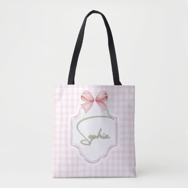 Sophia Personalisiert Pink Bow & Gingham Print Tasche (Vorderseite)