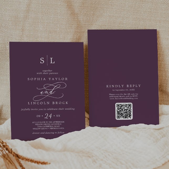 SOPHIA QR Code Dunkle Pflaumenmoody auf einer Hoch Einladung (SOPHIA QR Code Dark Plum Moody All In One Wedding Invitation)