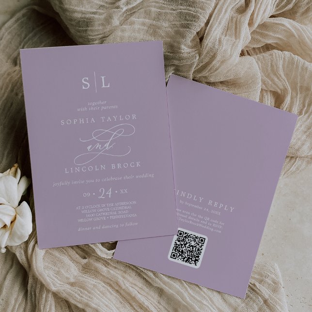 SOPHIA QR Code Lilac Lila in einer Hochzeit Einladung (SOPHIA QR Code Lilac Purple All In One Wedding Invitation)