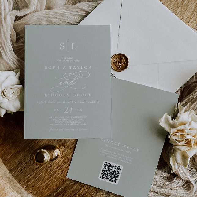 SOPHIA QR Code Sage grau einfach alles in einer Ho Einladung (SOPHIA QR Code Sage Gray Simple All In One Wedding Invitation)