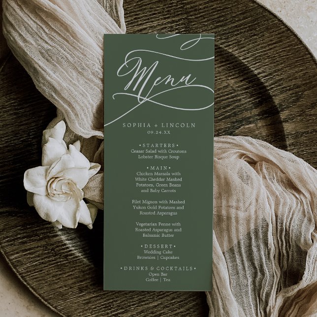 SOPHIA Rustikale Waldweide Grüne Hochzeit Menükarte (SOPHIA Rustic Woodland Olive Green Wedding Menu)