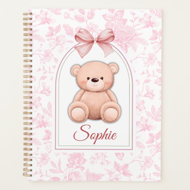 Sophie | Benutzerdefiniertes rosa Teddy-Bär-Kinder Planer (Vorderseite)