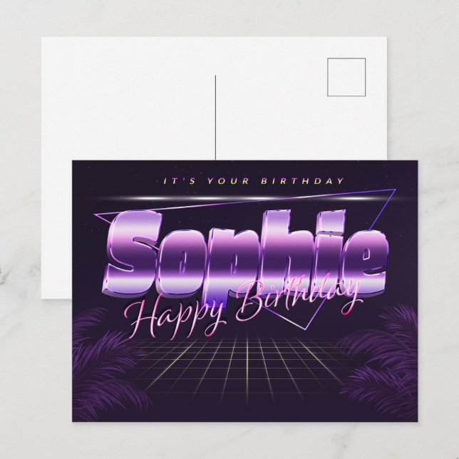 Sophie prénom carte postale violette anniversaire (Devant / Derrière)