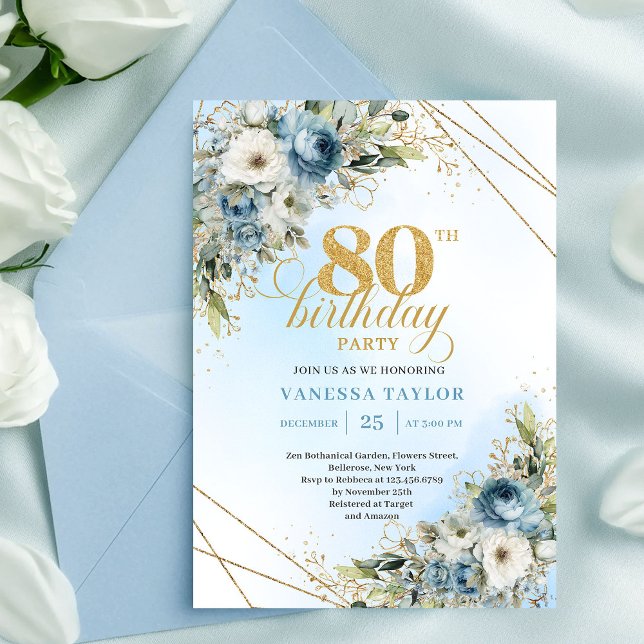 Sophisticated 80th Birthday Invite Dusty Blue Gold Einladung (Sophisticated 80th Birthday Invite Dusty Blue Watercolor)