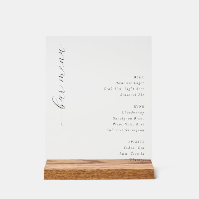 Sophisticated Black and White Minimalist Bar Menu Acrylschild (Vorderseite)