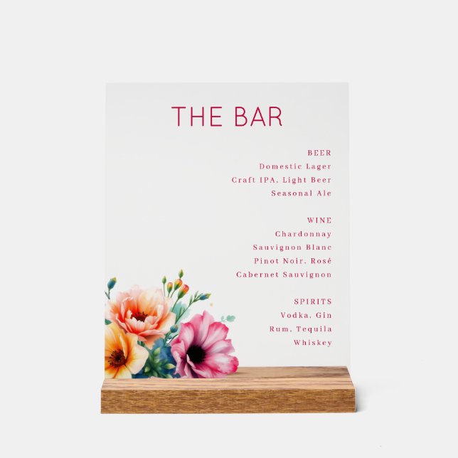 Sophisticated Black Floral Bar Menu Acrylschild (Vorderseite)