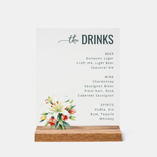 Sophisticated Black Floral Beverage Menu Acrylschild (Vorderseite)