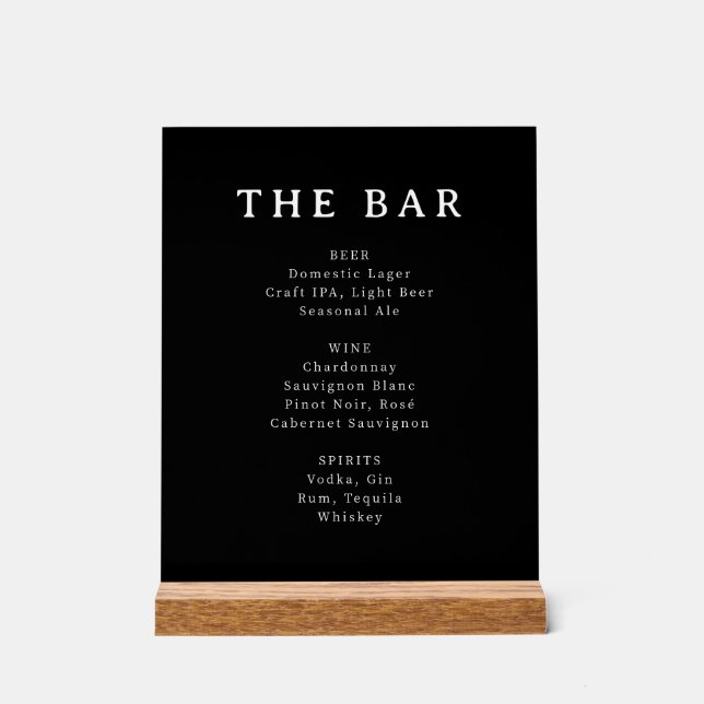 Sophisticated Black Serif Bar Menu Sign Acrylschild (Vorderseite)