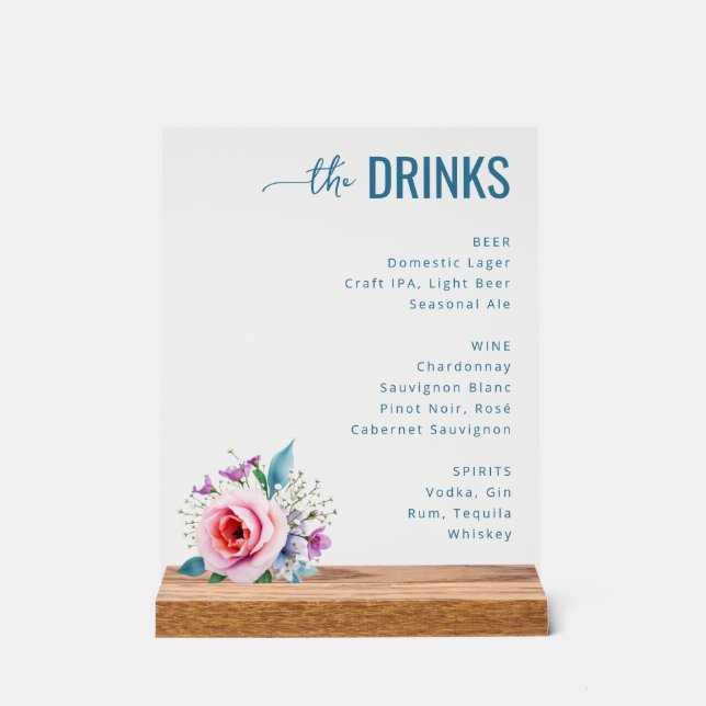 Sophisticated Blue Floral Beverage Menu Acrylschild (Vorderseite)