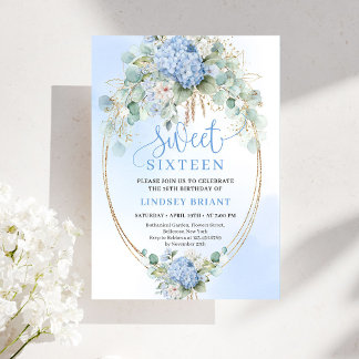 Sophisticated Blue Floral Sweet 16 Birthday Invite Einladung