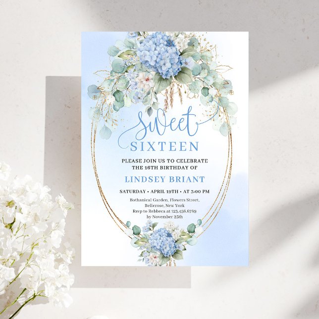 Sophisticated Blue Floral Sweet 16 Birthday Invite Einladung (Sophisticated Blue Floral Sweet 16 Birthday Invite)