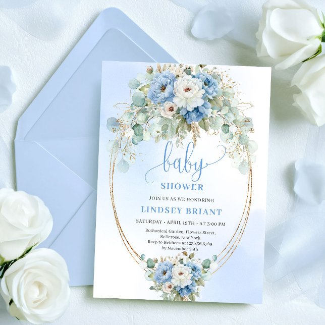 Sophisticated Blue Peonies Eucalyptus Gold Baby  Einladung (Sophisticated Blue Peonies Eucalyptus Gold Baby Shower)