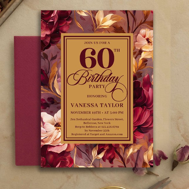 Sophisticated Boho 60th Birthday Maroon Blush Gold Einladung (Sophisticated 60th Birthday Maroon Blush Gold Invitation)