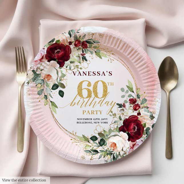 Sophisticated Boho Marsala Blush Gold Roses Plates Pappteller (Sophisticated Boho Marsala Blush Gold Roses Plates

)