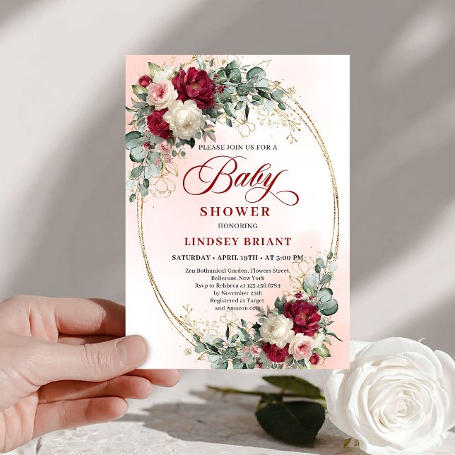 Sophisticated Boho Marsala Floral Gold Baby Shower Einladung (Sophisticated Boho Marsala Floral Gold Baby Shower Invitation)