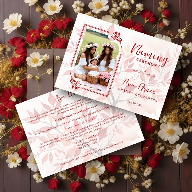 Sophisticated Botanical Red Frame Photo Naming  Einladung (Sophisticated Botanical Red Frame Photo Naming Ceremony Invitation Card. )