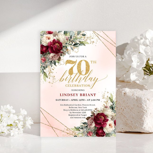 Sophisticated Burgundy Floral Boho 70th Invitation Einladung (Sophisticated Burgundy Floral Boho 70th Invitation)