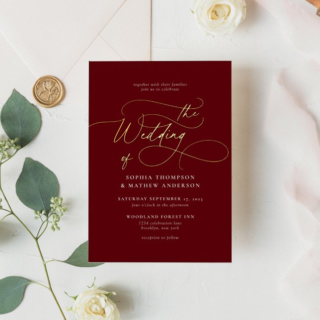 Sophisticated Calligraphy Burgundy Gold Wedding Folieneinladung (Von Creator hochgeladen)