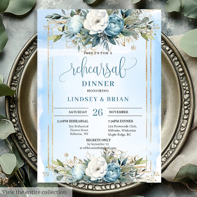 Sophisticated Dusty Blue Gold Frame Dinner Invite Einladung (Sophisticated Dusty Blue Gold Frame Dinner Invite)