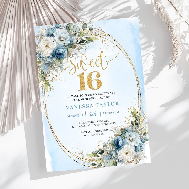 Sophisticated Dusty Blue Gold Sweet Sixteen Invite Einladung (Sophisticated Dusty Blue Gold Sweet Sixteen Invite)