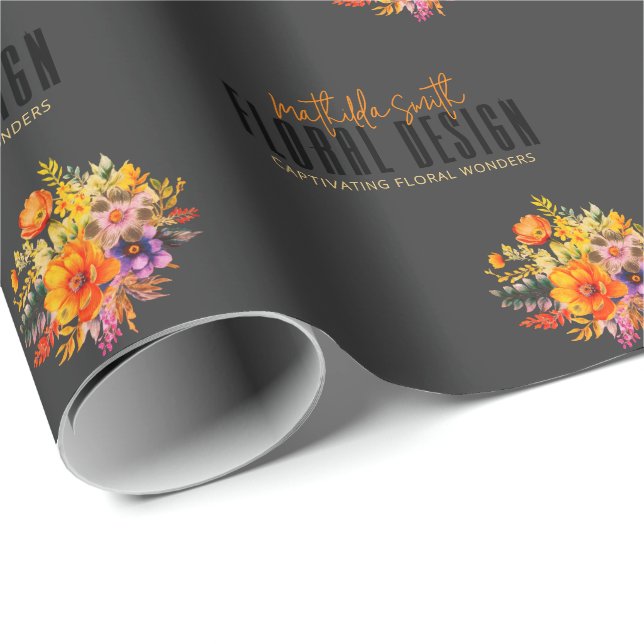 Sophisticated Floral Design Black Orange Flowers  Geschenkpapier (Rolleneckpunkt)