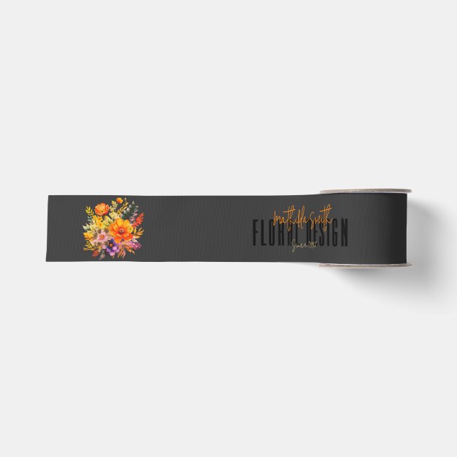 Sophisticated Floral Design Black Orange Flowers  Ripsband (Vorderseite)