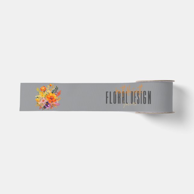 Sophisticated Floral Design Gray Orange Flowers Ripsband (Vorderseite)