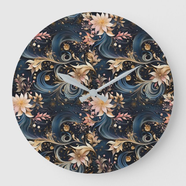 Sophisticated Gold Flowers On Navy Blue Große Wanduhr (Vorderseite)