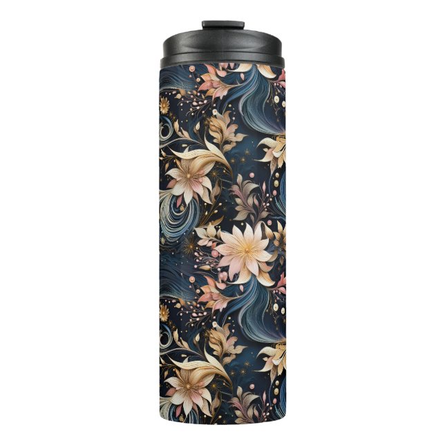 Sophisticated Gold Flowers On Navy Blue Thermosbecher (Vorderseite)