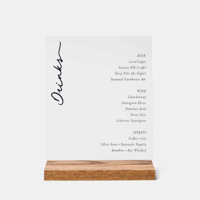 Sophisticated Minimalist Beverage Menu Acrylschild (Vorderseite)
