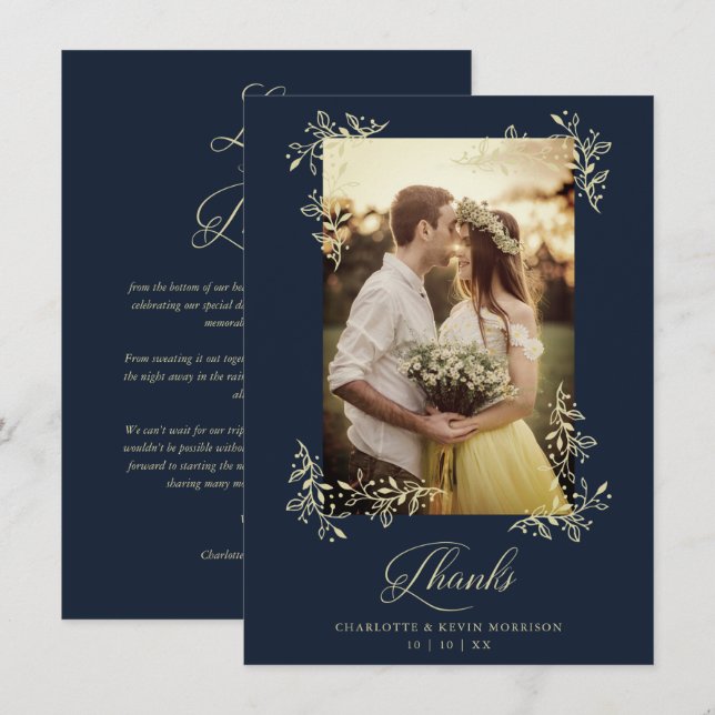 Sophisticated Navy Flourish Photo Wedding Thanks Dankeskarte (Vorne/Hinten)