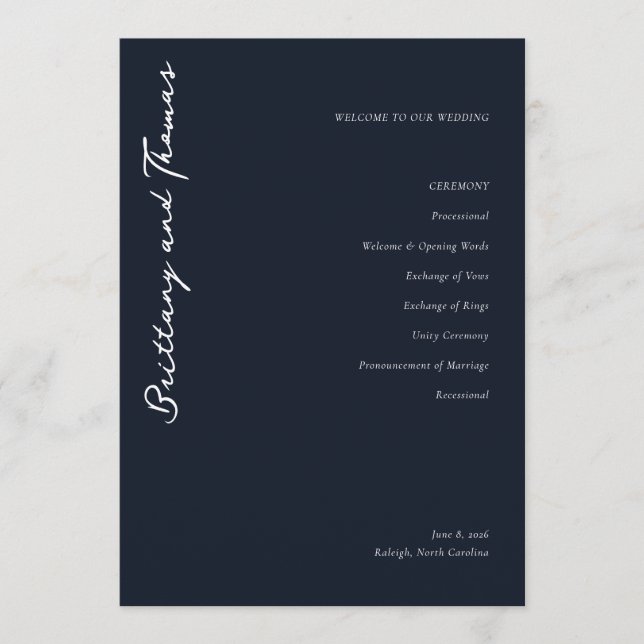 Sophisticated Navy Minimalist Wedding Program Programm (Vorderseite)