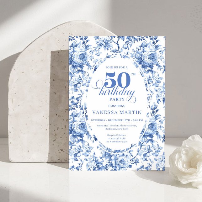 Sophisticated Navy Toile Rose 50th Birthday Invite Einladung (Sophisticated Navy Toile Rose 50th Birthday Invite)