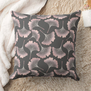 Sophisticated Pink Line Art Ginkgo auf dunkler Lei Kissen