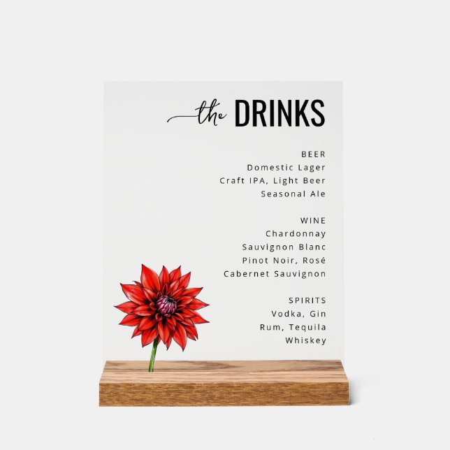 Sophisticated Red Floral Beverage Menu Acrylschild (Vorderseite)