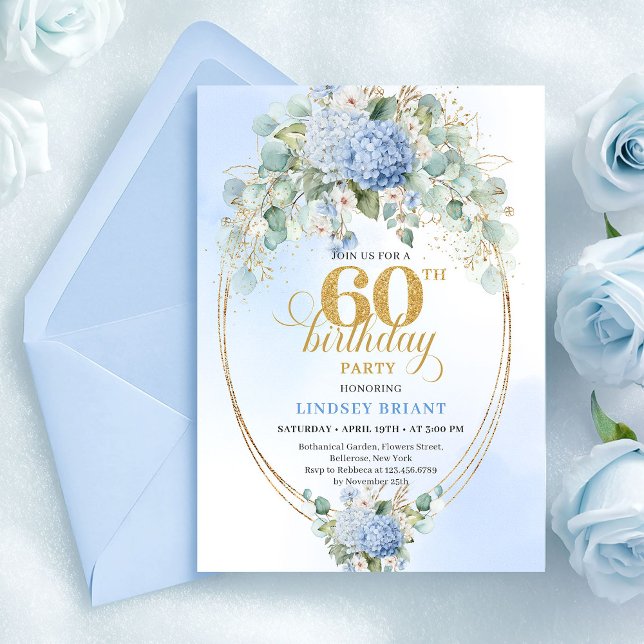 Sophisticated Rustic Soft Blue Floral 60 Birthday Einladung (Sophisticated Rustic Soft Blue Floral 60th Birthday)