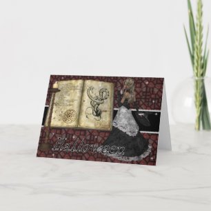 Sorcière avec Livre des sorts Carte de voeux Hallo