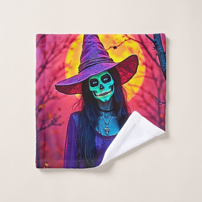 Sorcière d'Halloween avec conception de visage crâ (Gant de toilette)