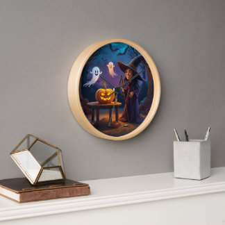 Sorcière effrayante et horloge citrouille fantôme