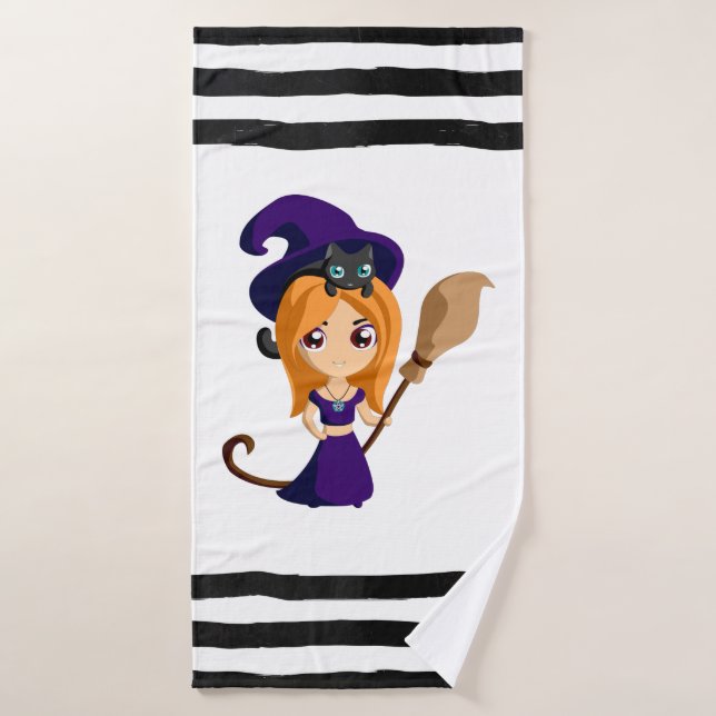 Sorcière mignonne en Casquette violet Halloween (Serviette de bain)
