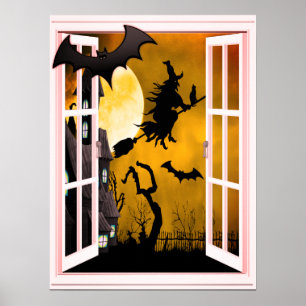 Sorcière Silhouette Fenêtre Halloween Poster