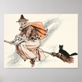 Sorcière vintage avec balai et affiche de chat
