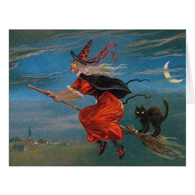 Sorcière volant avec chat noir la nuit d'Halloween (Devant horizontal)