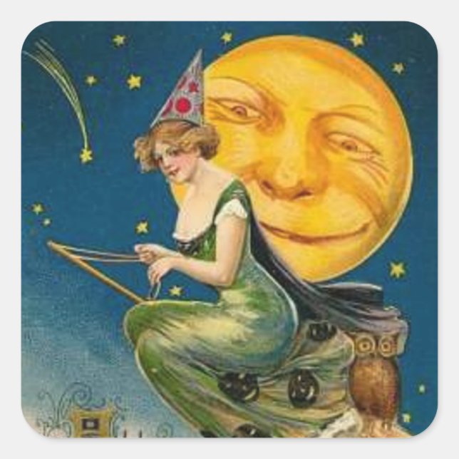 Sorcière Volant Past Moon - Sticker Halloween (Devant)