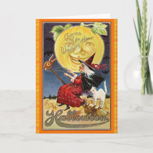 Sorcière volante vintage avec Pleine lune Carte Ha