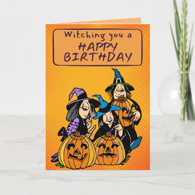 Sorcières comiques rétro Halloween Carte d'anniver (Devant)