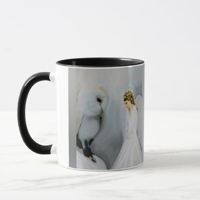 Sorgfalt-Schutzengel und weiße Eule Tasse (Links)