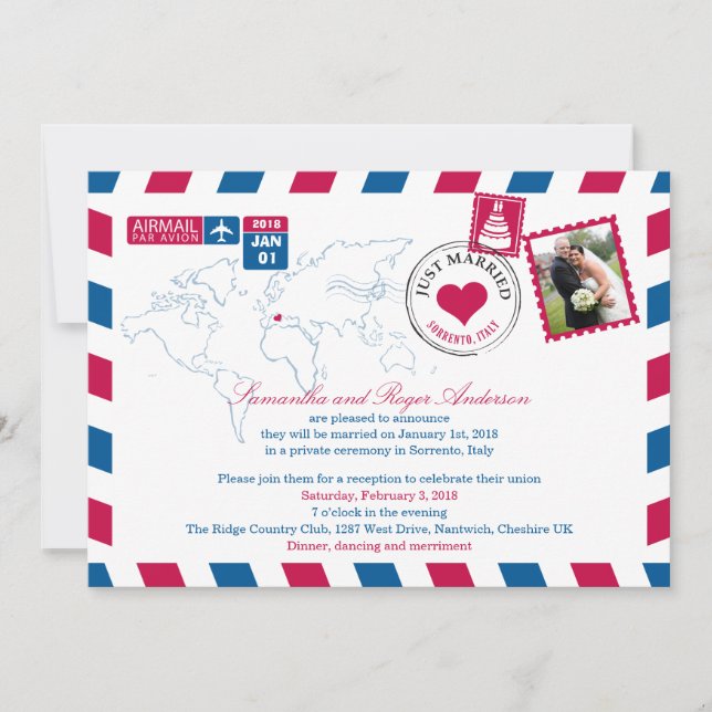 Sorrento Italy Airmail Post Wedding Reception Einladung (Vorderseite)