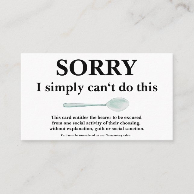 Sorry Card mit Spoon for Spoonies Visitenkarte (Vorderseite)